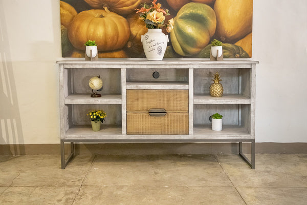 HomeRoots 70" Light Gray Solid Wood TV Stand with Rustic Charm, Open Shelving & Cable Management for Style 528737