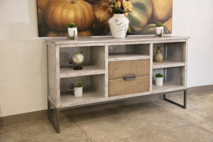 HomeRoots 70" Light Gray Solid Wood TV Stand with Rustic Charm, Open Shelving & Cable Management for Style 528737