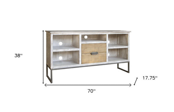 HomeRoots 70" Light Gray Solid Wood TV Stand with Rustic Charm, Open Shelving & Cable Management for Style 528737