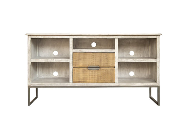HomeRoots 70" Light Gray Solid Wood TV Stand with Rustic Charm, Open Shelving & Cable Management for Style 528737