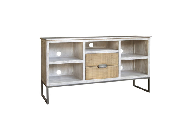 HomeRoots 70" Light Gray Solid Wood TV Stand with Rustic Charm, Open Shelving & Cable Management for Style 528737