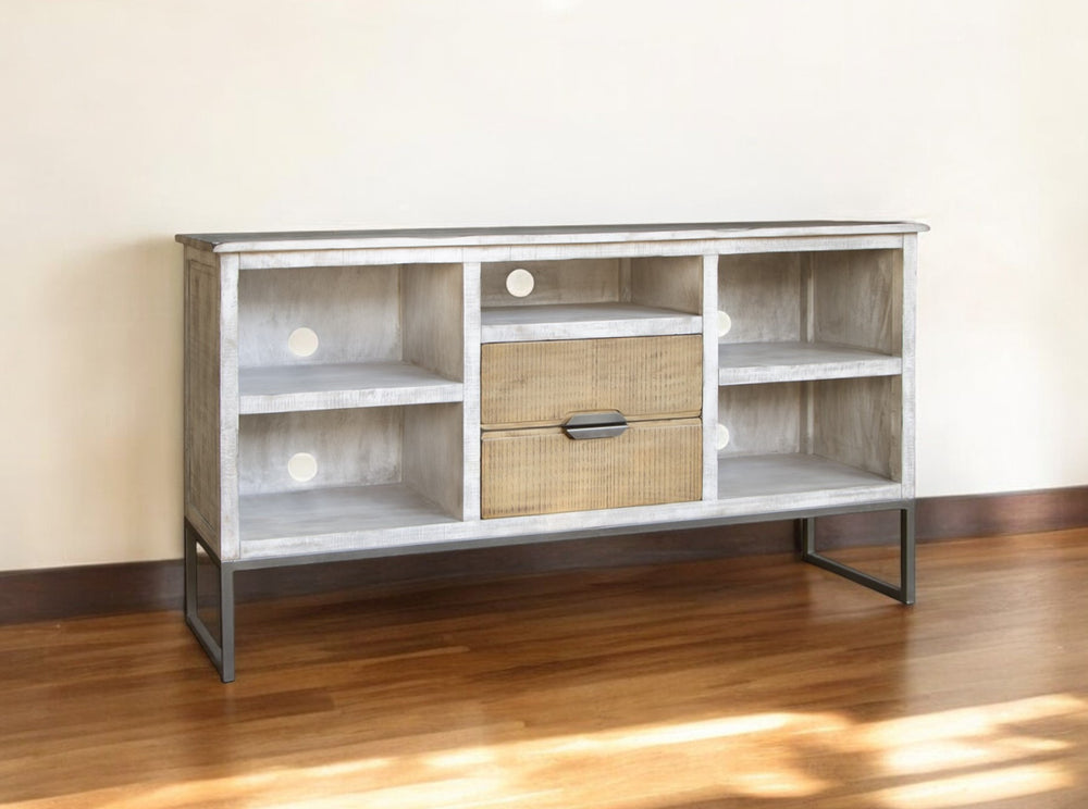 Homeroots 70" Light Gray Solid Wood Open Shelving Distressed Tv Stand  Solid Wood 528737