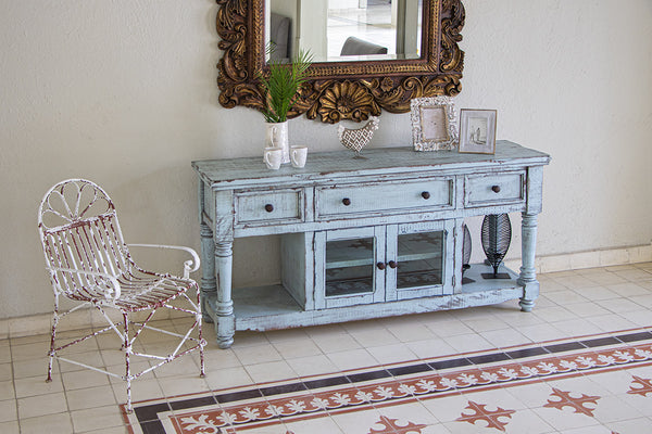 Homeroots 70" Blue Solid Wood Open Shelving Distressed Tv Stand  Solid Wood 528738