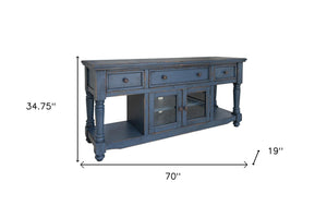 Homeroots 70" Blue Mango Solid Wood Open Shelving Distressed Tv Stand  Solid Wood 528739