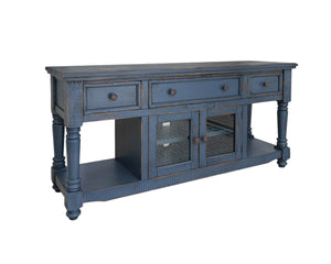 Homeroots 70" Blue Mango Solid Wood Open Shelving Distressed Tv Stand  Solid Wood 528739