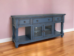 Homeroots 70" Blue Mango Solid Wood Open Shelving Distressed Tv Stand  Solid Wood 528739