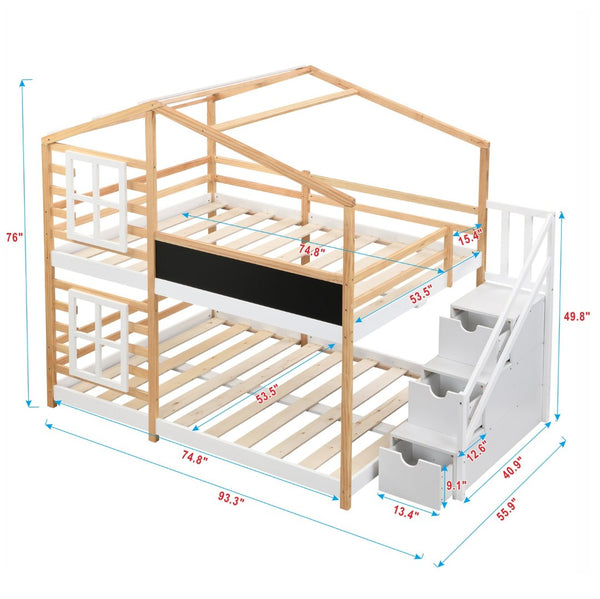 English Elm Twin Over Solid Pine House Bunk Bed with Blackboard Storage Staircase W495S00013