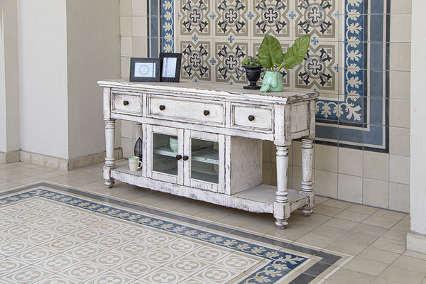 Homeroots 70" White Solid Wood Open Shelving Distressed Tv Stand  Solid Wood 528740