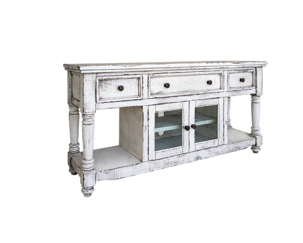 Homeroots 70" White Solid Wood Open Shelving Distressed Tv Stand  Solid Wood 528740