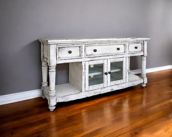 Homeroots 70" White Solid Wood Open Shelving Distressed Tv Stand  Solid Wood 528740