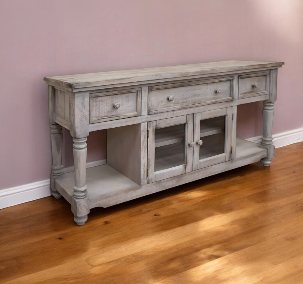 Homeroots 70" Desert Sand Solid Wood Open Shelving Distressed Tv Stand  Solid Wood 528744