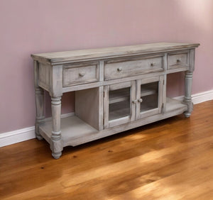 Homeroots 70" Desert Sand Solid Wood Open Shelving Distressed Tv Stand  Solid Wood 528744