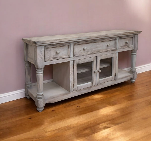 Homeroots 70" Desert Sand Solid Wood Open Shelving Distressed Tv Stand  Solid Wood 528744