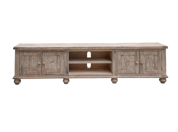 HomeRoots 93" Distressed Desert Sand Solid Wood Cabinet TV Stand with Enclosed Storage & Farmhouse Charm 528746