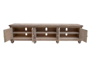 HomeRoots 93" Distressed Desert Sand Solid Wood Cabinet TV Stand with Enclosed Storage & Farmhouse Charm 528746