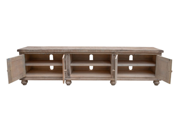 HomeRoots 93" Distressed Desert Sand Solid Wood Cabinet TV Stand with Enclosed Storage & Farmhouse Charm 528746