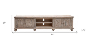HomeRoots 93" Distressed Desert Sand Solid Wood Cabinet TV Stand with Enclosed Storage & Farmhouse Charm 528746
