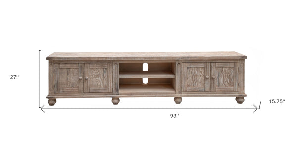 HomeRoots 93" Distressed Desert Sand Solid Wood Cabinet TV Stand with Enclosed Storage & Farmhouse Charm 528746