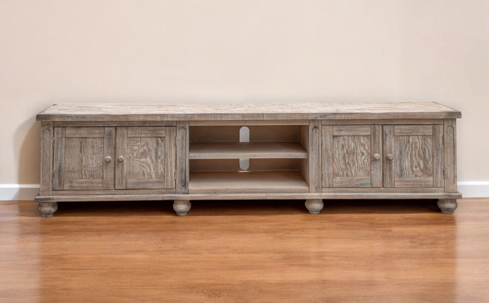 Homeroots 93" Desert Sand Solid Wood Cabinet Enclosed Storage Distressed Tv Stand  Solid Wood 528746