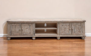 HomeRoots 93" Distressed Desert Sand Solid Wood Cabinet TV Stand with Enclosed Storage & Farmhouse Charm 528746