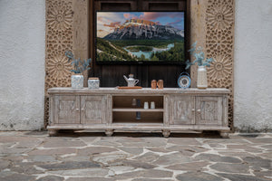 Homeroots 93" Desert Sand Solid Wood Cabinet Enclosed Storage Distressed Tv Stand  Solid Wood 528747