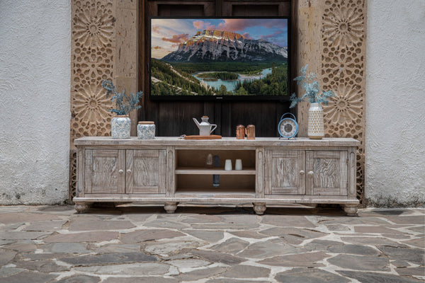 Homeroots 93" Desert Sand Solid Wood Cabinet Enclosed Storage Distressed Tv Stand  Solid Wood 528747