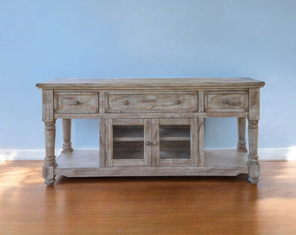 Homeroots 70" Desert Sand Solid Wood Cabinet Enclosed Storage Distressed Tv Stand  Solid Wood 528748