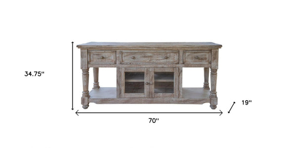 Homeroots 70" Desert Sand Solid Wood Cabinet Enclosed Storage Distressed Tv Stand  Solid Wood 528748