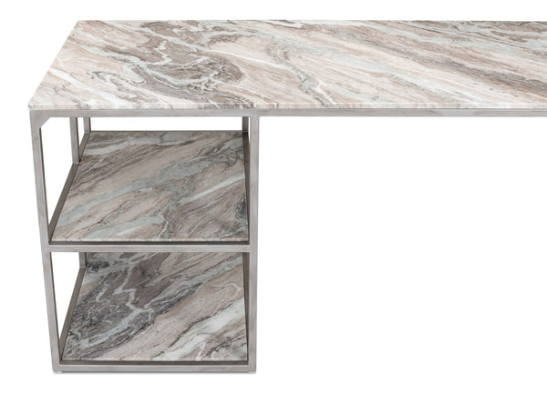 Sarreid Open Modern Desk With Shelves And Elegant Marble Top - Antique Silver Finish, Stylish Iron Design Silver  52874