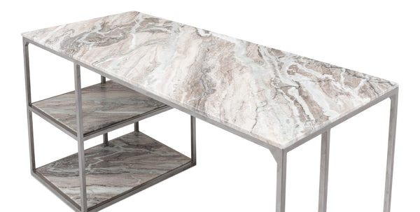 Sarreid Open Modern Desk With Shelves And Elegant Marble Top - Antique Silver Finish, Stylish Iron Design Silver  52874