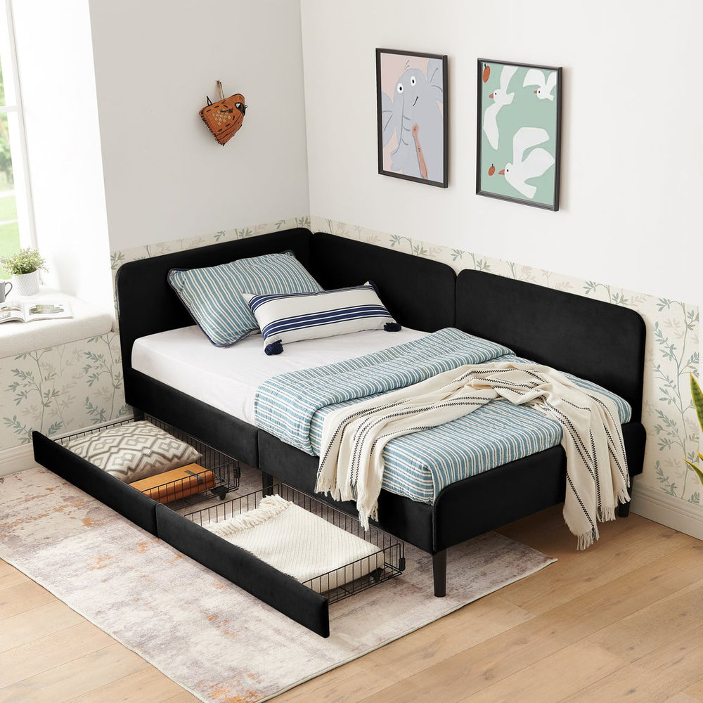English Elm Twin Velvet Upholstered Platform Bed with 2 Underbed Drawers, Adjustable Sofa Bed, Modern Black Design W1413P298910