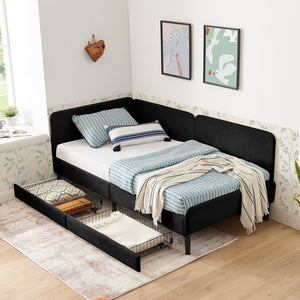 English Elm Twin Velvet Upholstered Platform Bed with 2 Underbed Drawers, Adjustable Sofa Bed, Modern Black Design W1413P298910