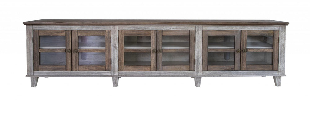 HomeRoots 93 Inch Enclosed Wood Media Console with Distressed Finish for Large Living Rooms 528751
