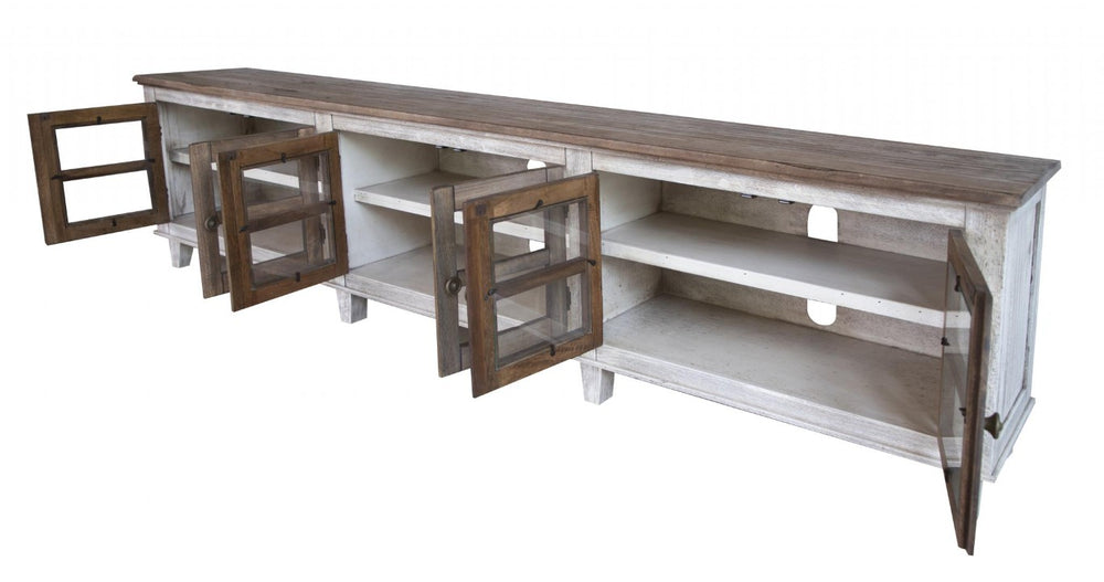 HomeRoots 93 Inch Enclosed Wood Media Console with Distressed Finish for Large Living Rooms 528751