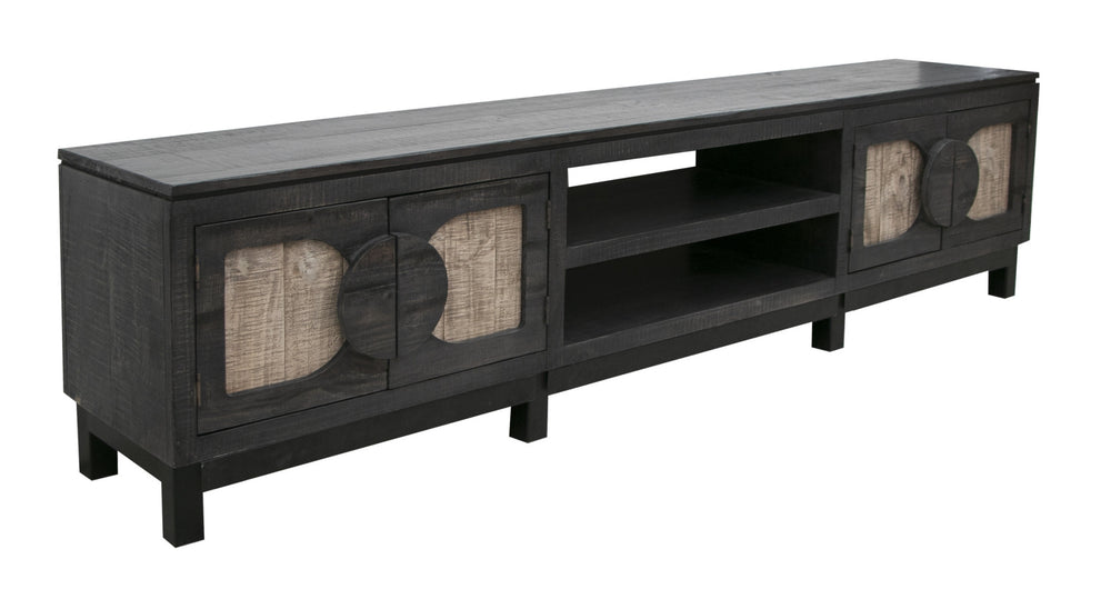 Homeroots 93" Black Solid Wood Cabinet Enclosed Storage Distressed Tv Stand  Solid Wood 528753