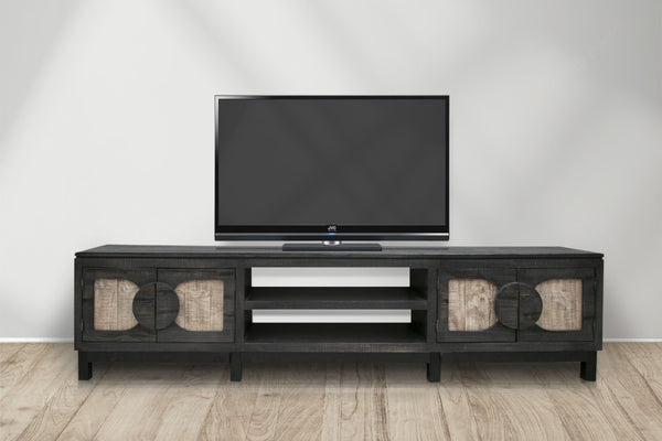 Homeroots 93" Black Solid Wood Cabinet Enclosed Storage Distressed Tv Stand  Solid Wood 528753