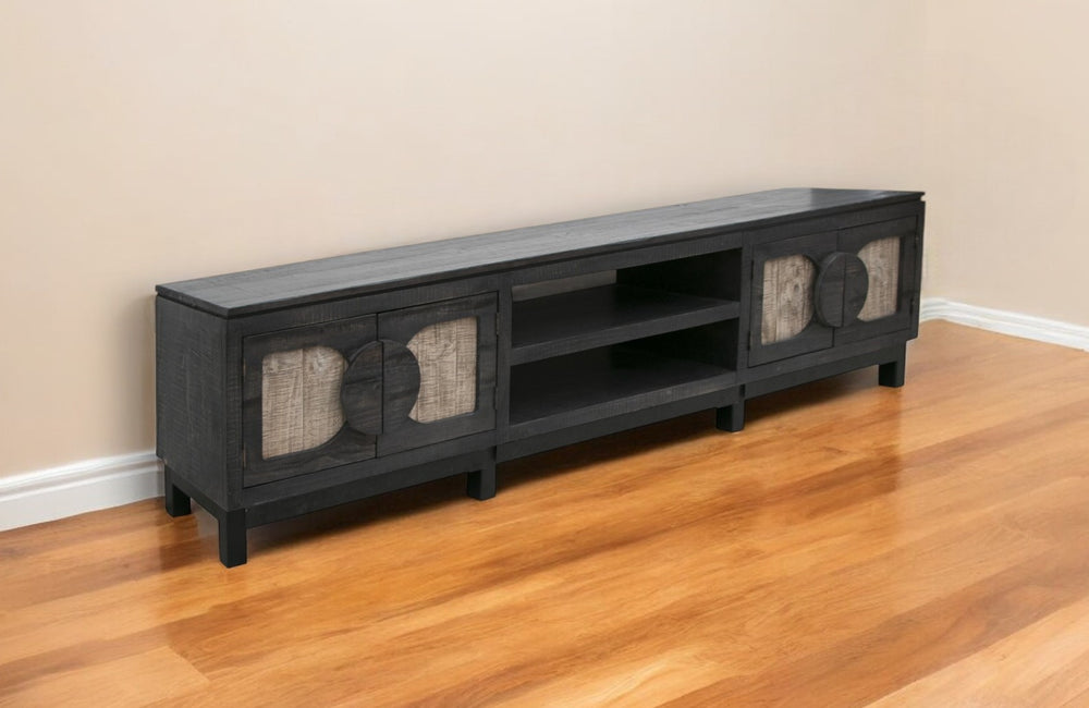 Homeroots 93" Black Solid Wood Cabinet Enclosed Storage Distressed Tv Stand  Solid Wood 528753