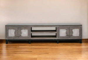 Homeroots 93" Gray Solid Wood Cabinet Enclosed Storage Distressed Tv Stand  Solid Wood 528755