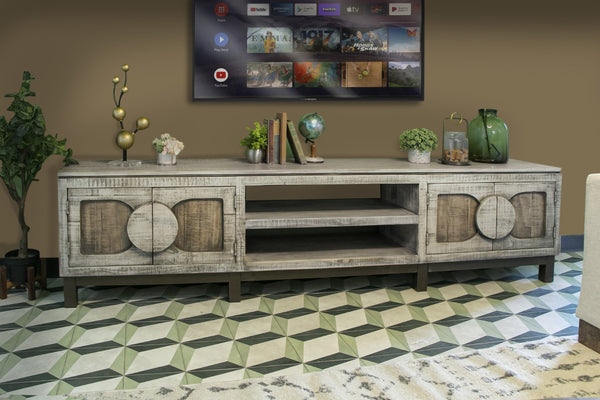 HomeRoots 93" Rustic Solid Pine TV Stand with Distressed Finish & Ample Storage for Living Room or Office 528756