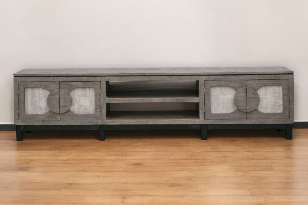 Homeroots 93" White Solid Wood Cabinet Enclosed Storage Distressed Tv Stand  Solid Wood 528756