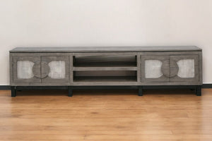 HomeRoots 93" Rustic Solid Pine TV Stand with Distressed Finish & Ample Storage for Living Room or Office 528756