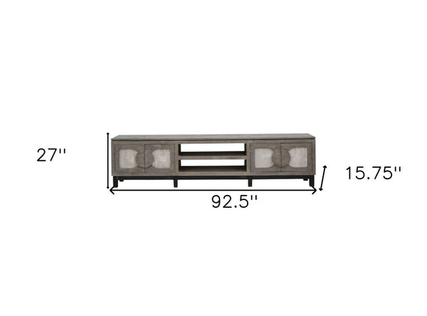 HomeRoots 93" Rustic Solid Pine TV Stand with Distressed Finish & Ample Storage for Living Room or Office 528756