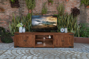 HomeRoots 93" Distressed Solid Walnut Cabinet - Rustic TV Stand with Enclosed Storage & Open Shelving Space 528757