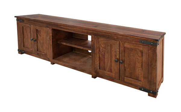 HomeRoots 93" Distressed Solid Walnut Cabinet - Rustic TV Stand with Enclosed Storage & Open Shelving Space 528757