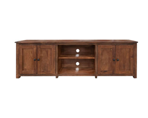 HomeRoots 93" Distressed Solid Walnut Cabinet - Rustic TV Stand with Enclosed Storage & Open Shelving Space 528757