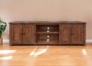 HomeRoots 93" Distressed Solid Walnut Cabinet - Rustic TV Stand with Enclosed Storage & Open Shelving Space 528757