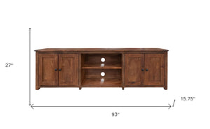 HomeRoots 93" Distressed Solid Walnut Cabinet - Rustic TV Stand with Enclosed Storage & Open Shelving Space 528757