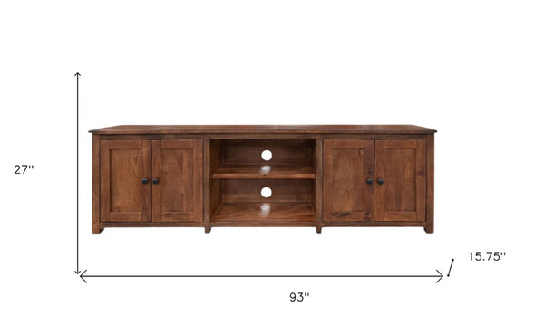 HomeRoots 93" Distressed Solid Walnut Cabinet - Rustic TV Stand with Enclosed Storage & Open Shelving Space 528757