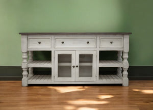 HomeRoots 60" Ivory Solid Wood Open-Shelving TV Stand – Rustic Farmhouse Style with Distressed Finish & Storage 528759