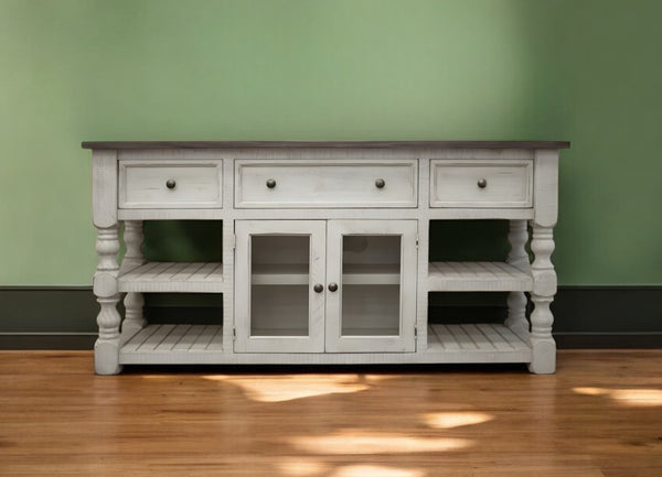 HomeRoots 60" Ivory Solid Wood Open-Shelving TV Stand – Rustic Farmhouse Style with Distressed Finish & Storage 528759